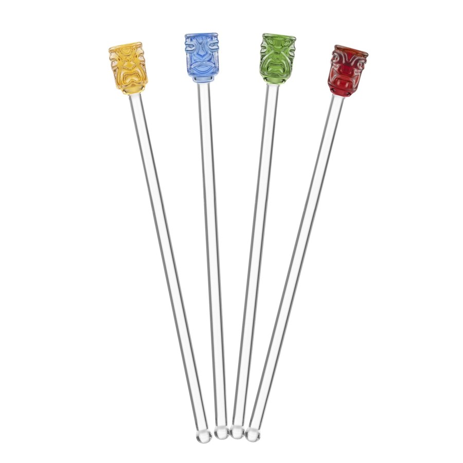 Tabletop & Bar Final Touch Tiki Accessories | Glass Tiki Head Drink Stirrers - Set Of 4 | Final Touch®