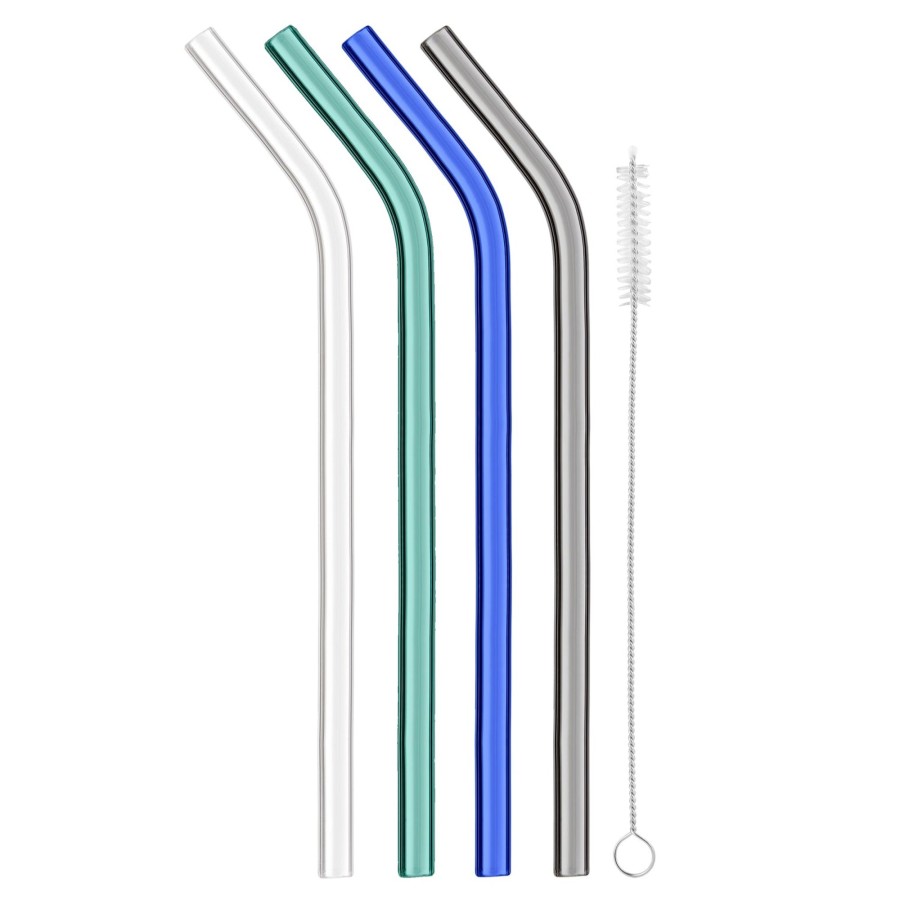 Tabletop & Bar Final Touch Bar Accessories | Reusable Glass Straws - Set Of 4 - Clear, Teal, Blue & Grey | Final Touch®