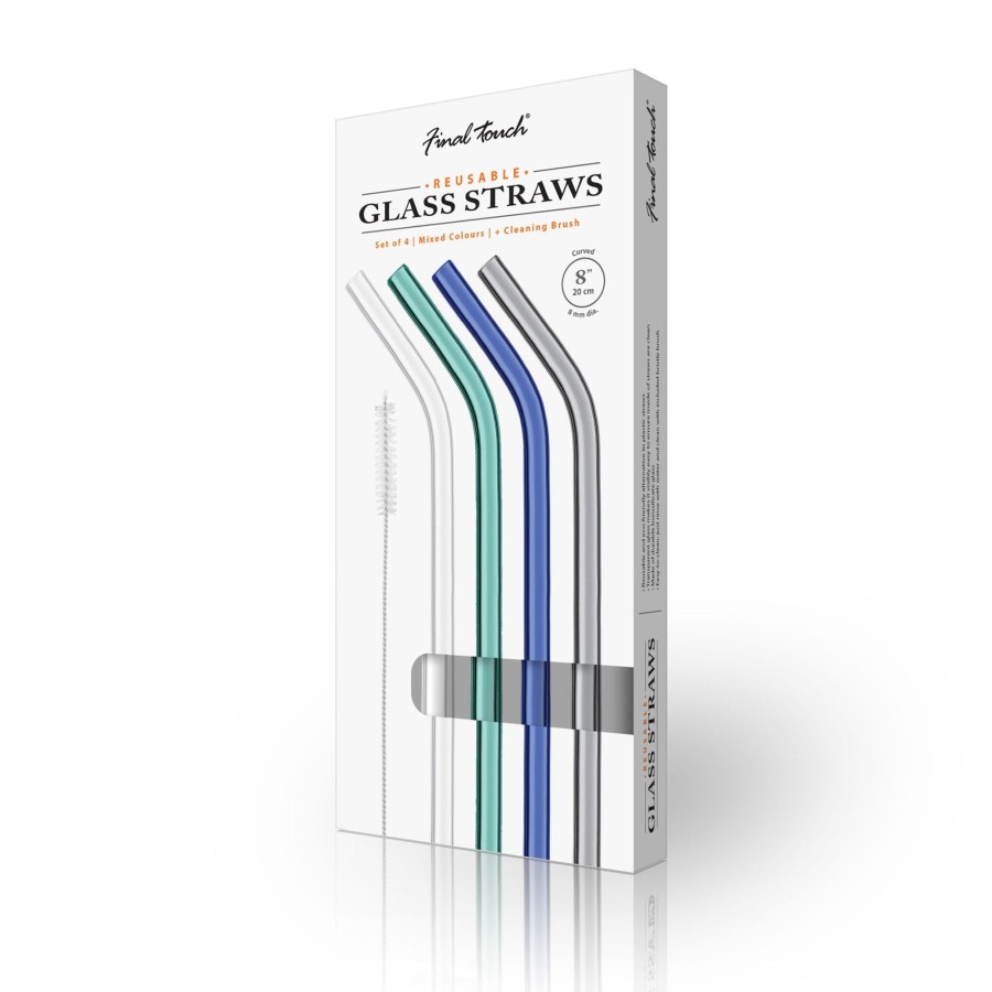 Tabletop & Bar Final Touch Bar Accessories | Reusable Glass Straws - Set Of 4 - Clear, Teal, Blue & Grey | Final Touch®